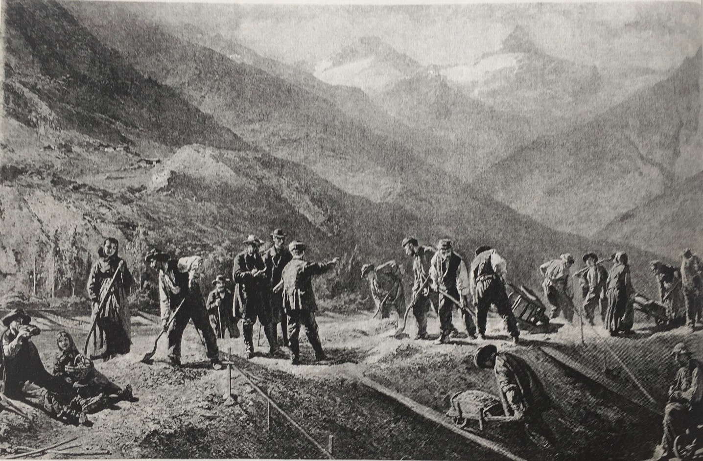 Wer Glück hatte, fand Arbeit bei der Rhonekorrektur, die 1863 begann. (Illustration von Rafael Ritz.) (Quelle: Gisela Macieczyk-Theler, Buenos Aires.)