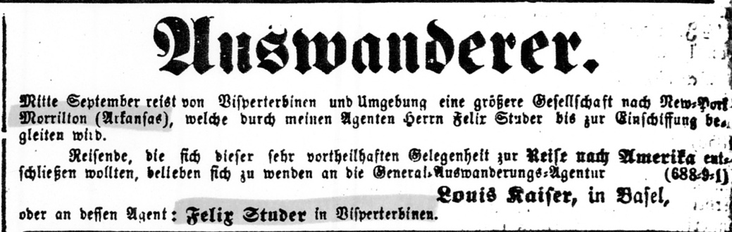 Annonce der Auswanderungs-Agentur Kaiser im «Walliser Boten» vom 16. Juni 1883.